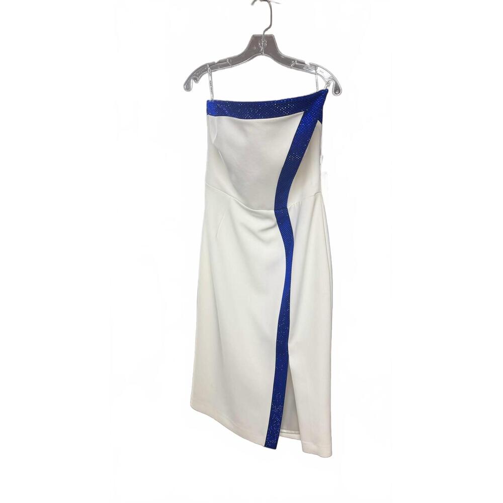 NEW LUCIAN MATIS women's crystal asymmetric dress in white/ royal